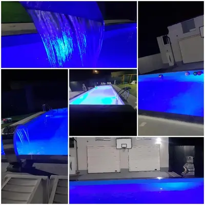 a collage of photos of a pool with blue lights at AQUA VET Velika Kladuša in Velika Kladuša