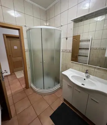 a bathroom with a glass shower and a sink at Teal Apartment 1 in Bihać