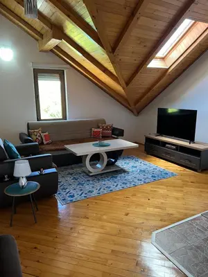 a living room with a couch and a table at Teal Apartment 3 in Bihać