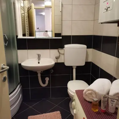 a bathroom with a toilet and a sink and a mirror at Stan na dan Banja Luka in Banja Luka
