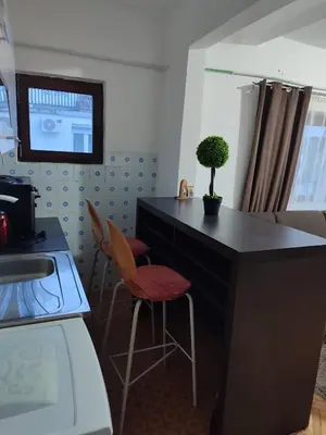 a kitchen with a black counter with a plant on it at Apartman Luna in Vrbanja