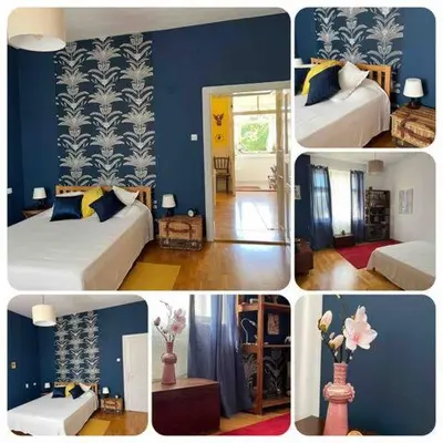 a collage of pictures of a bedroom with blue walls at Cozy&Arty House with Garden&Parking- in the centre in Banja Luka