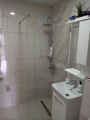 a bathroom with a shower and a toilet and a sink at SlatinaApartman in Tuzla