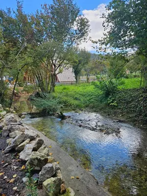 a stream with rocks in a field with trees at Golden Spa A-Frame 1 in Bihać