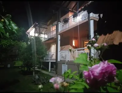 a building at night with pink flowers in the foreground at Apartman Fantasy Zavidovici in Zavidovići