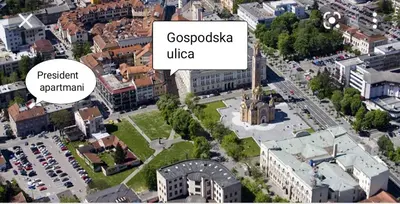 an overhead view of a city with a tall tower at Apartmani President V in Banja Luka