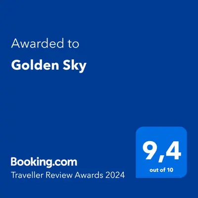 a blue text box with the words awarded to golden sky at Golden Sky in Cazin